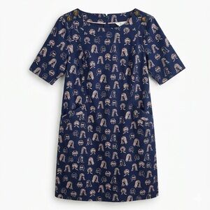 Boden Iona Dress Navy Blue Pink Faces Print Shift Pockets 10P Petite